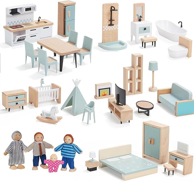 Wood and Plastic Blue Dollhouse Accessories, Pretend Play Furniture Toys Christmas Birthday Gift