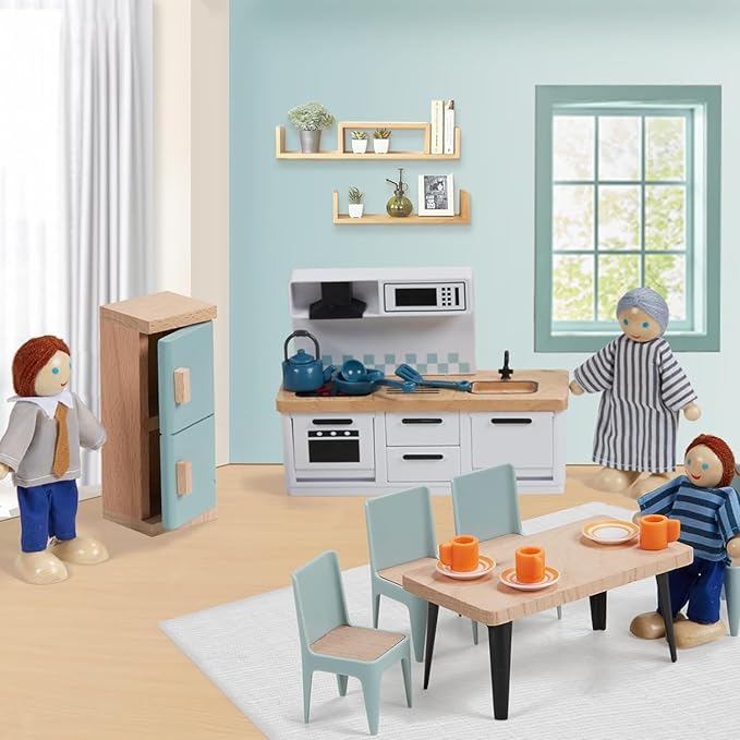 Wood and Plastic Blue Dollhouse Accessories, Pretend Play Furniture Toys Christmas Birthday Gift