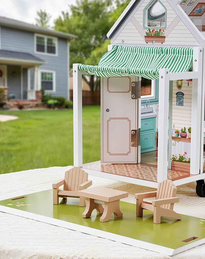 Wooden Realistic Camper Van Dollhouse with Handle & Wheels, Includes Mini Kitchen