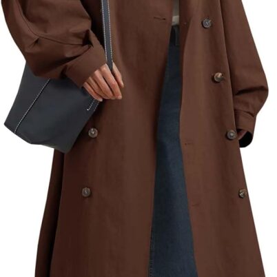 Womens Double Breasted Long Trench Coat Oversized Classic Lapel Belted Overcoat