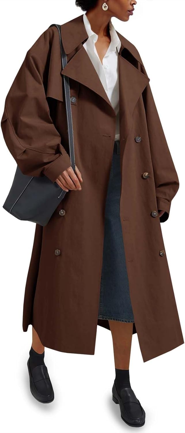 Womens Double Breasted Long Trench Coat Oversized Classic Lapel Belted Overcoat