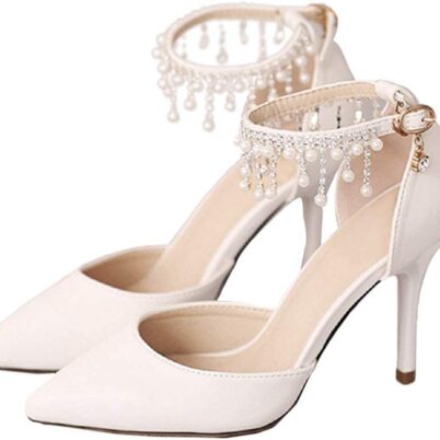 Pointed Toe Pumps High Heel Ankle Strap Dress Shoes Wedding Party Pump with Pearl 3.54”