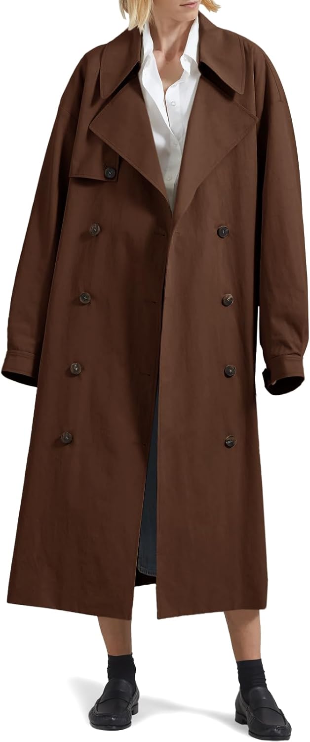Womens Double Breasted Long Trench Coat Oversized Classic Lapel Belted Overcoat