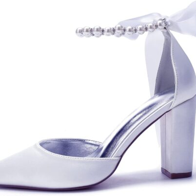 Women Pearl White Wedding Shoes for Bride High Heels Pointed Toe Bridal Shoes Satin Block Heels Prom Party Dress Pumps Sandals