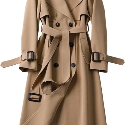 Women's Double Breasted Long Trench Coat Belted Notch Lapel Overcoat Windproof Classic Outerwear