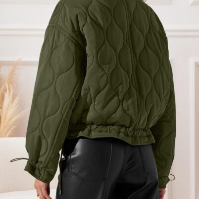 Women Cropped Zip-Up Bomber Jackets Warm Quilted Long Sleeve Stand Neck Winter Coats