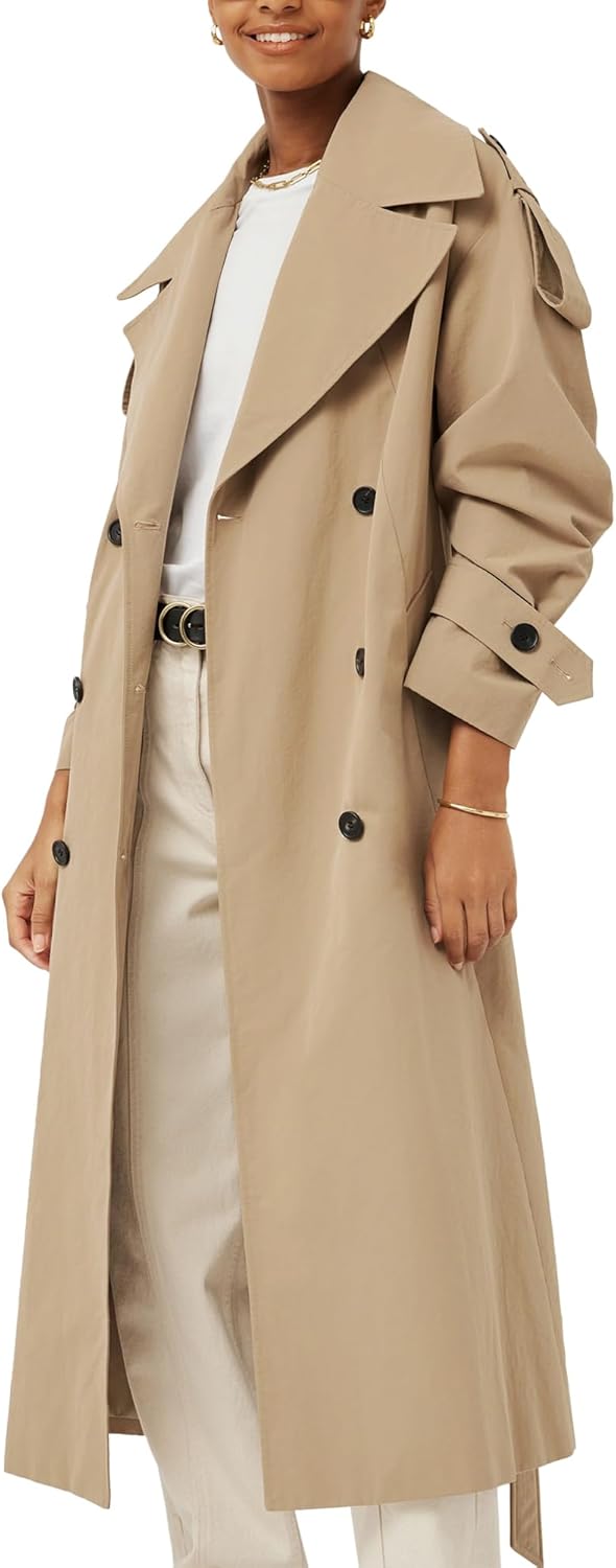 Womens Oversized Long Trench Coat Double Breasted Lapel Windproof Overcoat with Belt