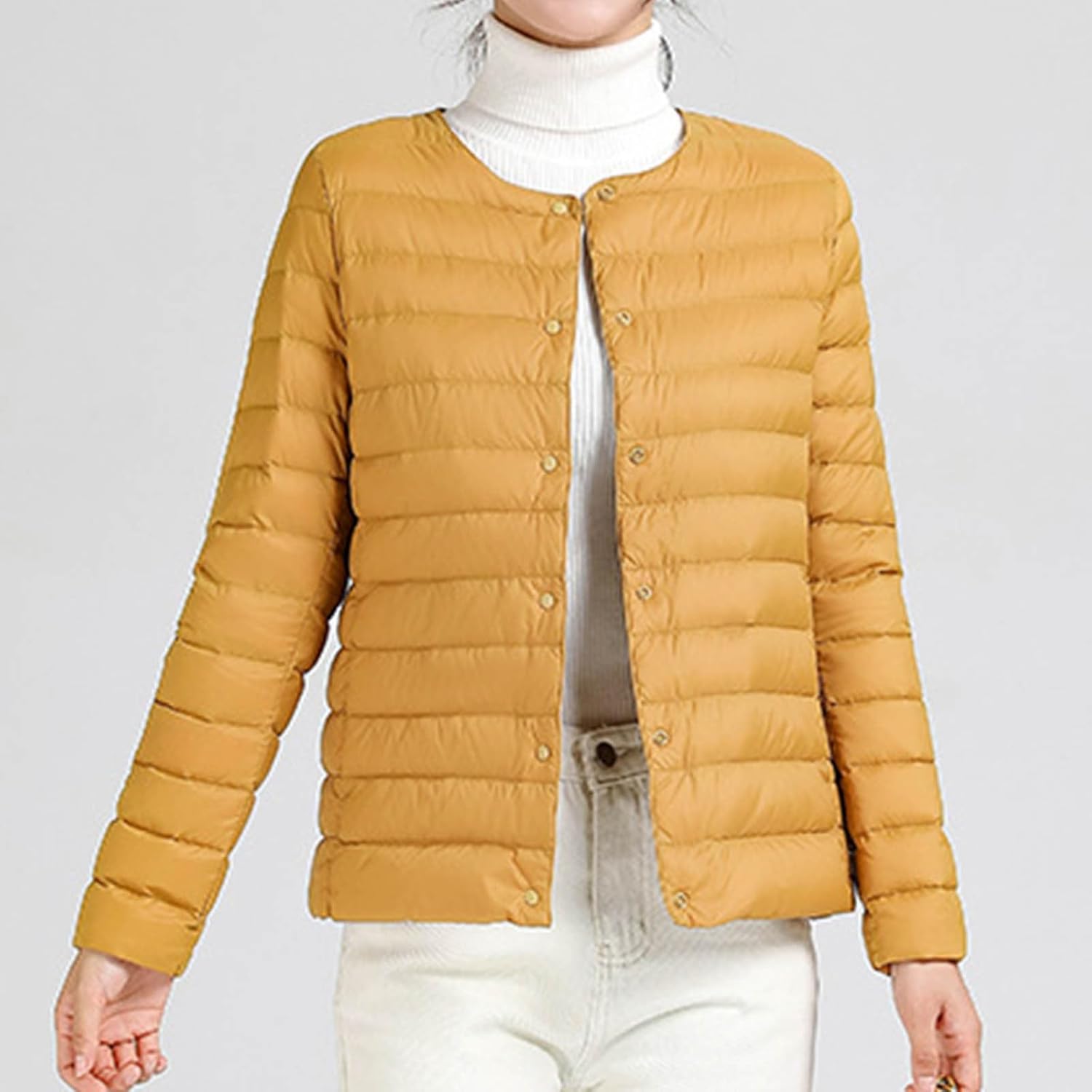 Women Ultra Lightweight Down Jacket Packable Collarless Button Down Quilted Short Puffer Parka Coats Outerwear Pocket