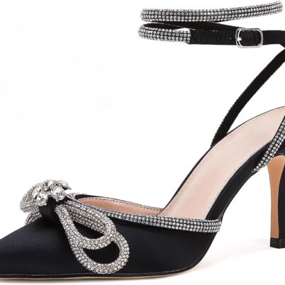 Women Double Bow Pointed Toe Ankle Strap Crystal Pumps Wedding Bridal Party Stilettos Backless Satin Heeled Sandals