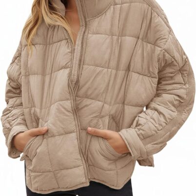 Women Oversized Lightweight Down Coat Long Sleeve Zip Packable Short Puffer Jackets